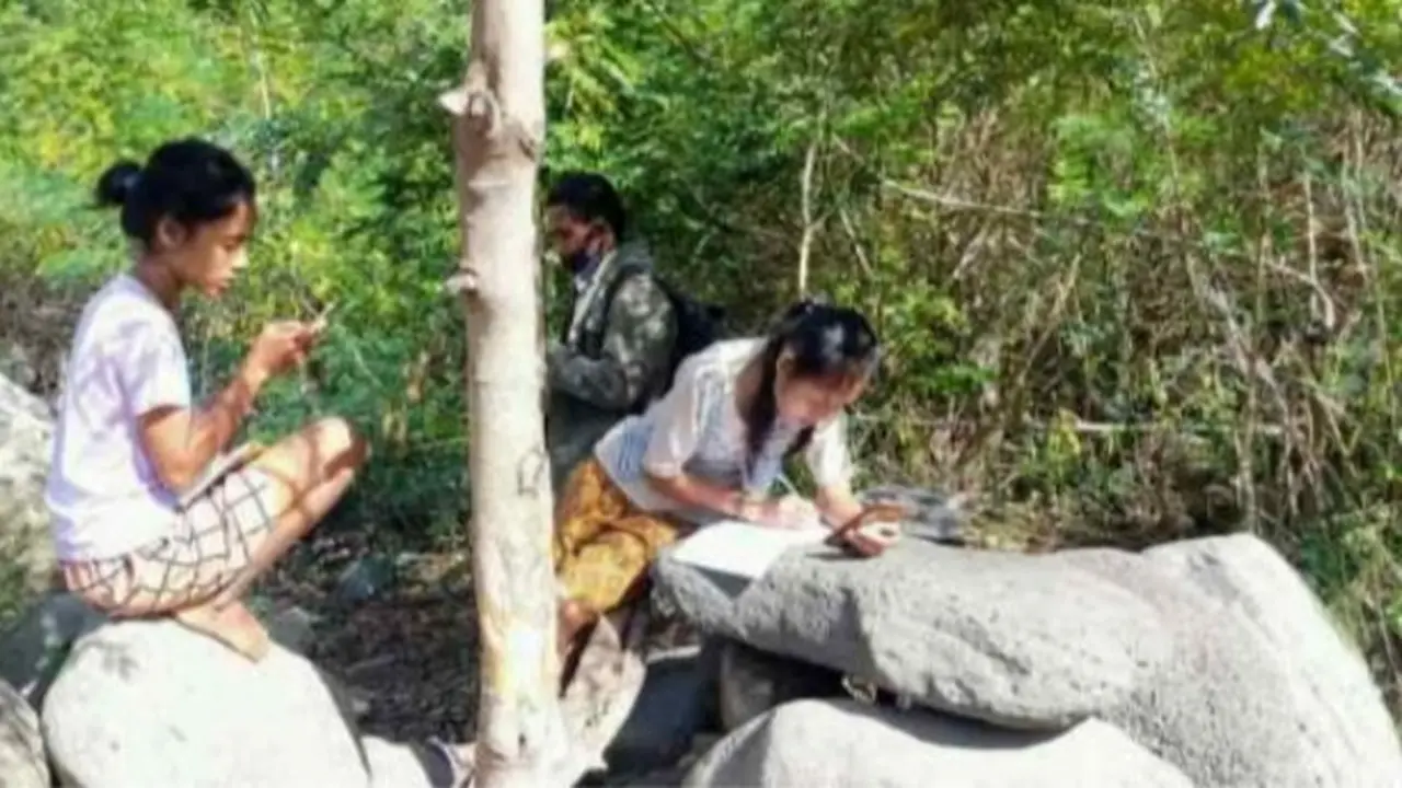 Diatas batu merupakan titik sinyal. Beberapa siswa yang sedang mengerjakan tugas sekolah melalui jaringan internet di tengah hutan. (Foto Istimewah)