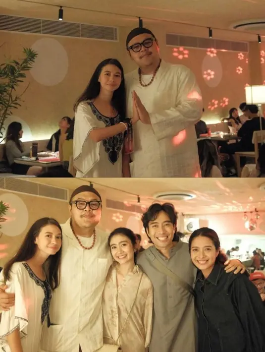 Yuki Kato dan Reza Chandika kembaran kenakan modest wear warna putih. Yuki dengan kaftan berhias bordir, sedangkan Reza dengan long sleeve shirt dan peci. [@yukikt/@marchellafp]