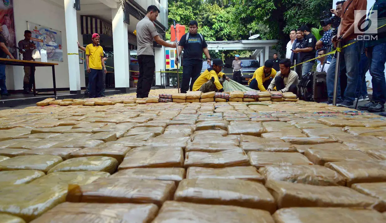 Petugas merapihkan barang bukti narkoba jenis ganja saat rilis di Polda Metro, Jakarta, Senin (30/7). Sebanyak 1.434 kg ganja jaringan Aceh-Jakarta-Bogor diamankan petugas berikut 6 orang tersangka. (Merdeka.com/Arie Basuki)