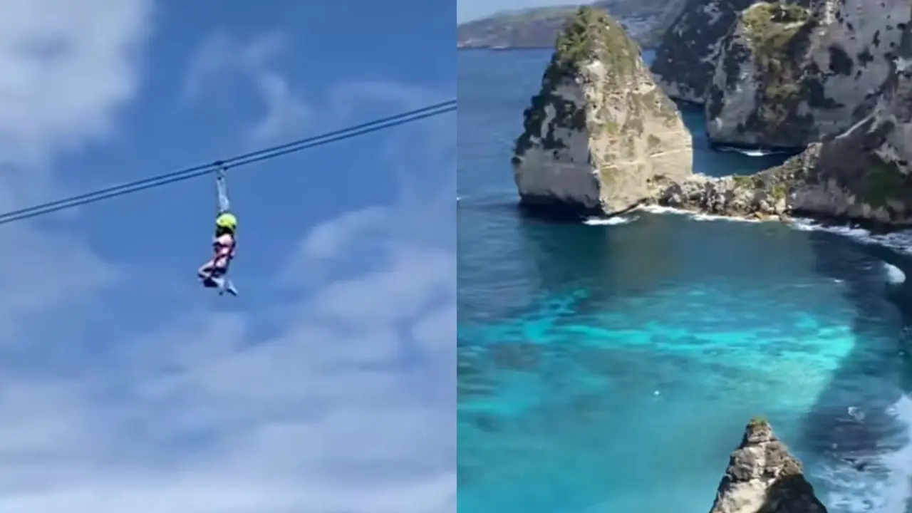 Sebuah video seorang anak WNA yang merupakan turis di Diamond Beach,  Nusa Penida, Bali sedang bergelantungan di lintasan flying fox.