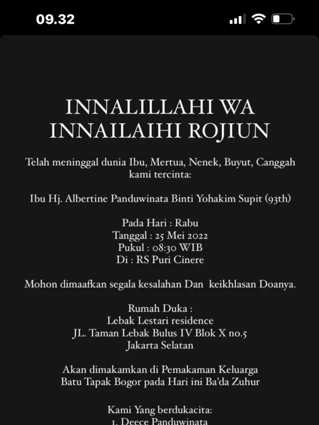 Ibunda Vina Panduwinata Meninggal Dunia di Usia 93 Tahun. (ist)