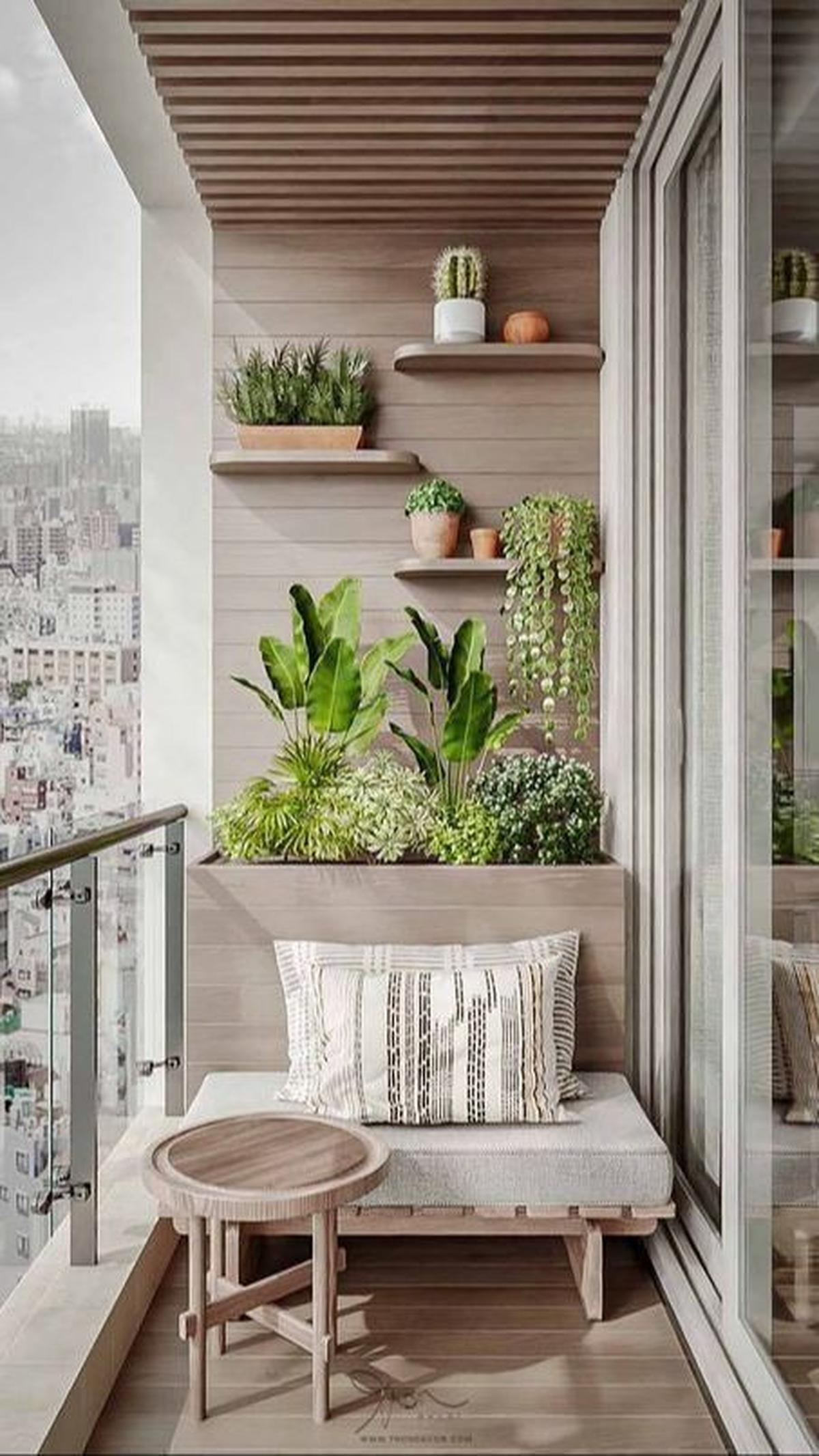 Desain Balkon Terbuka dengan Rak Dinding