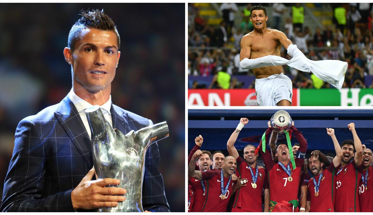 Bintang Real Madrid, Cristiano Ronaldo, meraih penghargaan UEFA Best Player in Europe 2015-2016, Kamis (25/8/2016). Berikut perjalanan manis CR 7 selama musim 2015-2016. (AFP)
