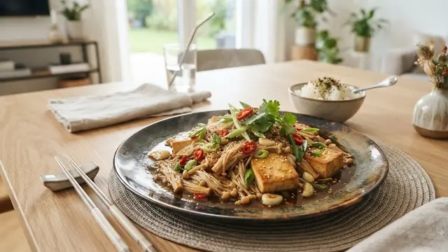 Sekilas tentang Jamur Enoki Tofu Saus Tiram (AI Generated)