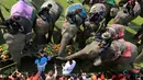 Sejumlah gajah yang menjadi peserta lomba Polo makan sebelum dimulainya turnamen Elephant Polo King's Cup di Bangkok, Thailand (8/3). (AP Photo / Sakchai Lalit)
