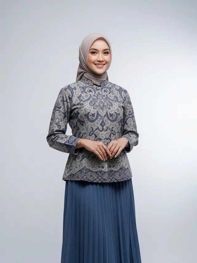 Atasan Batik Kerah Shanghai dengan Rok Midi Plisket