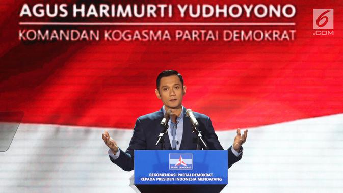 Ketua Kogasma Partai Demokrat, Agus Harimurti Yudhoyono (AHY) menyampaikan pidato politiknya di Djakarta Theater, Jakarta, Jumat (1/3) malam. Pidato mengusung Rekomendasi Partai Demokrat pada Presiden Mendatang.(Liputan6.com/Angga Yuniar)