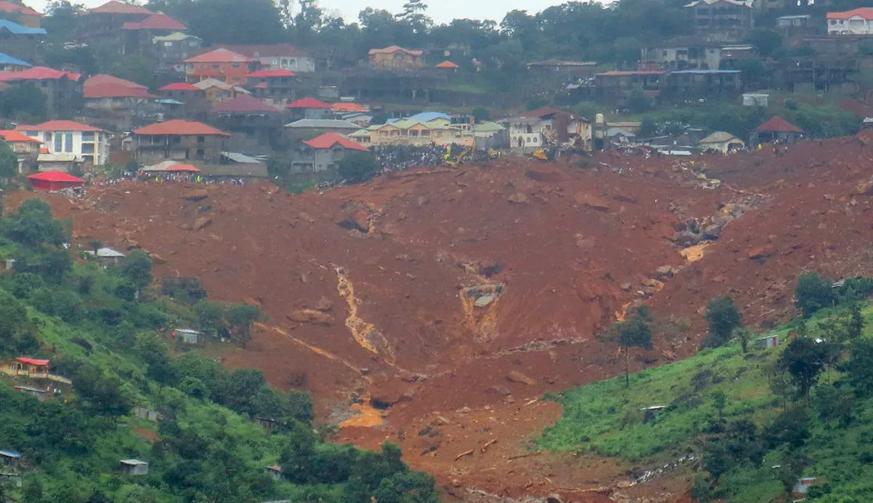 Petugas penyelamat berkumpul di puncak tanah longsor di Regent, sebelah timur Freetown, Sierra Leone, (14/8). Sejumlah jalan di daerah tersebut berubah menjadi sungai yang penuh lumpur dan jasad-jasad warga. (AP Photo / Manika Kamara)