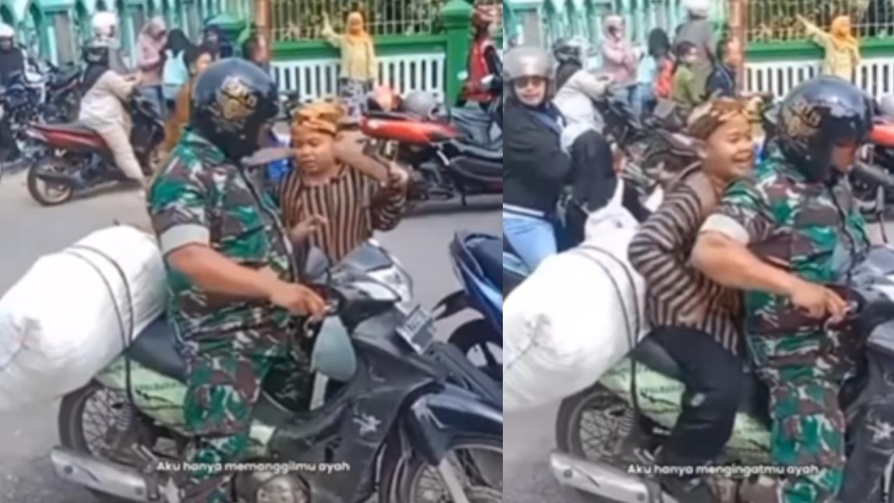 Momen TNI Jemput Anaknya Pakai Motor Butut Sambil Bawa Rumput, Aksinya Bikin Para Anak 'Kolong' Terharu