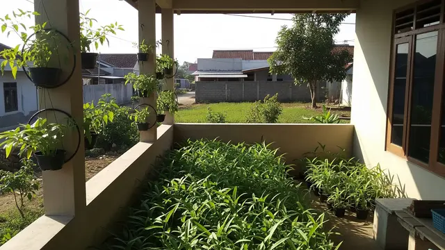 Pot Gantung Melingkar di Area Tiang Teras