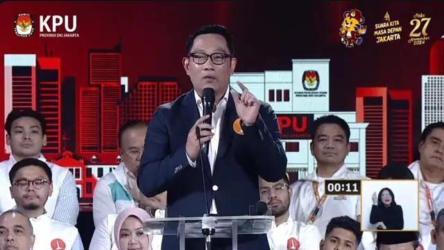 Calon gubernur (Cagub) nomor urut 1 Ridwan Kamil saat debat terakhir atau debat ketiga Pilkada Jakarta 2024.