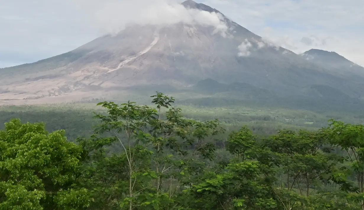 Gunung Semeru terlihat di desa Sumberwuluh di Lumajang, Provinsi Jawa Timur, Selasa (7/12/2021). Jumlah korban yang mengalami luka berat 69 jiwa dan yang luka ringan 100 jiwa. (AFP/Adek Berry)