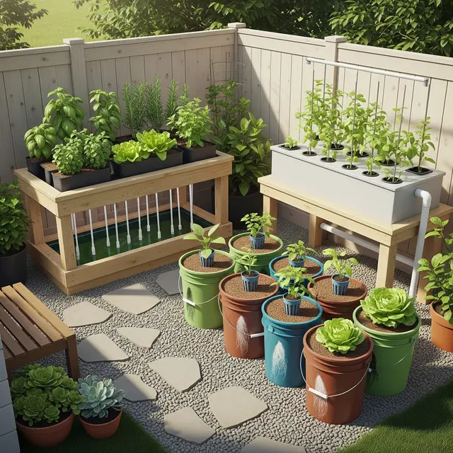 Model Halaman Belakang Rumah Kecil dengan Kebun Hidroponik Modern (Image by Gemini AI)