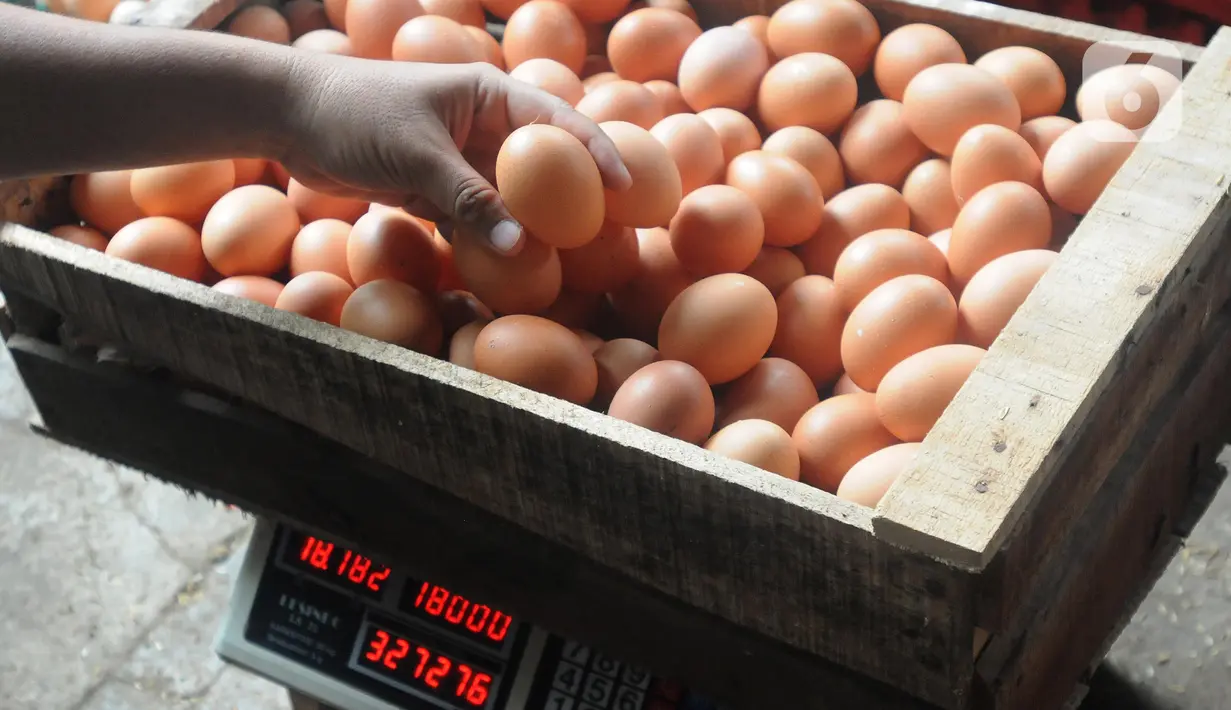 Pekerja menimbang telur ayam di salah satu peternakan kawasan Pengasinan, Bogor, Selasa (28/12/2021). Menurut peternak setempat, dua hari terakhir harga telur ayam ras di tingkat peternak mulai mengalami penurunan dari Rp30 ribu menjadi Rp28 per kilogram. (merdeka.com/Arie Basuki)