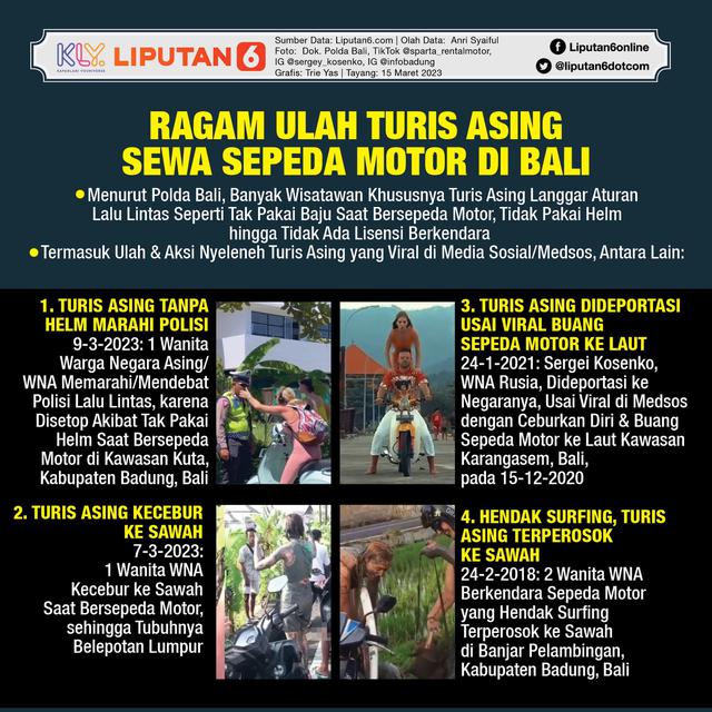 Infografis Ragam Ulah Turis Asing Sewa Sepeda Motor di Bali. (Liputan6.com/Trieyasni)