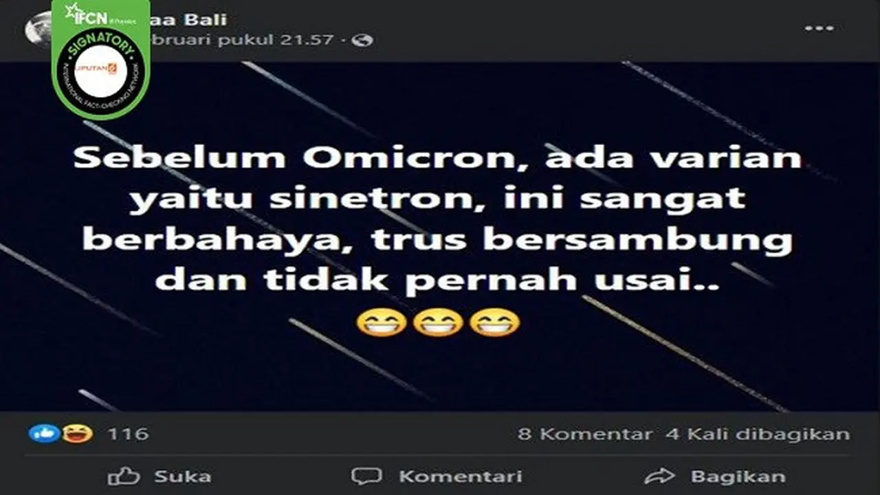 Gambar Tangkapan Layar Klaim tentang Sinetron Merupakan Varian COVID-19 Sebelum Omicron (sumber: Facebook).