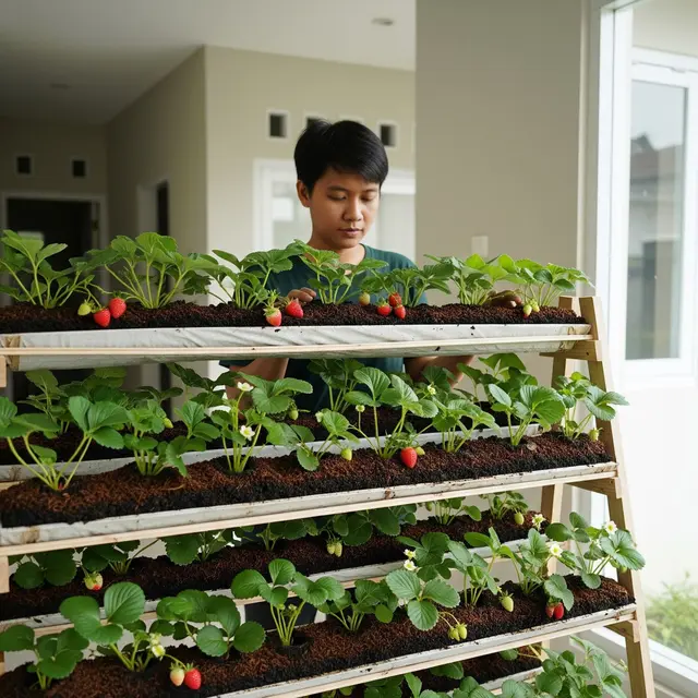 Kebun Stroberi dengan Sistem Vertikultur (Gemini AI)