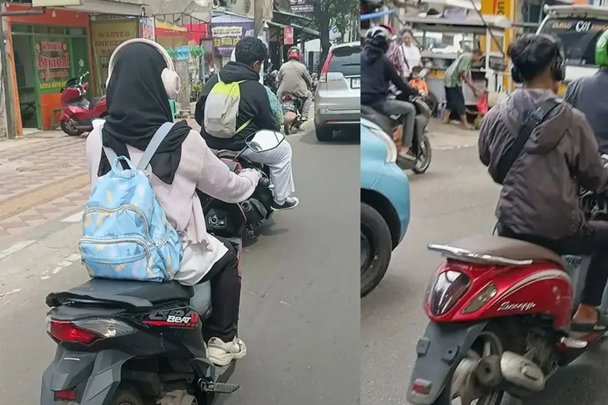 Dua pengendara motor matic tertangkap kamera dan viral di platform X karena tak menggunakan helm, melainkan headphone di kepalanya.