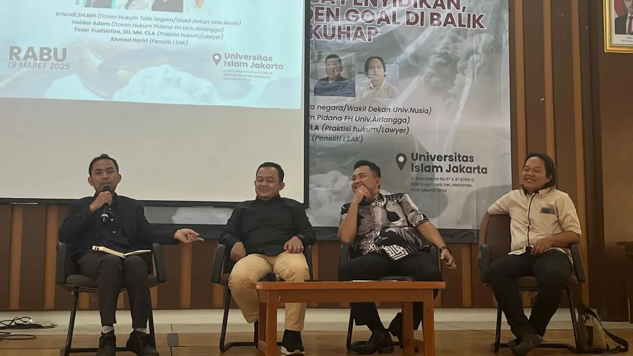Diskusi publik yang digagas Lembaga Studi Anti Korupsi (LSAK) bertema 'Berebut Kuasa Penyidikan, Membaca Hidden Goal di Balik RUU KUHAP' di Universitas Islam Jakarta (UIJ), Rabu (19/3/2025) (Istimewa)