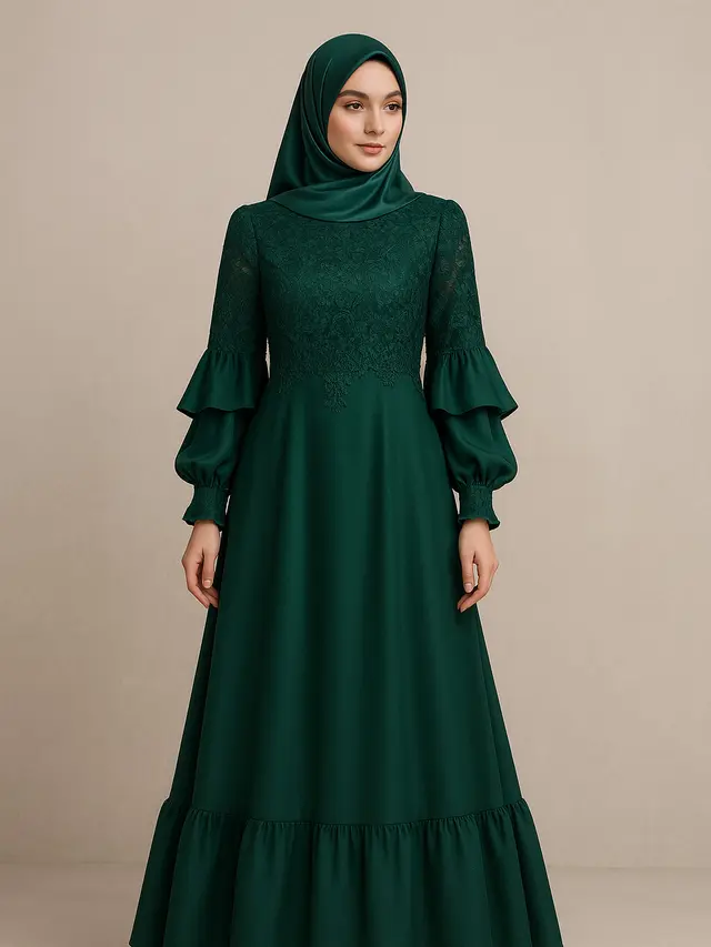 Model Gamis Syari A-Line Ruffle Lengan Soft Trend 2025