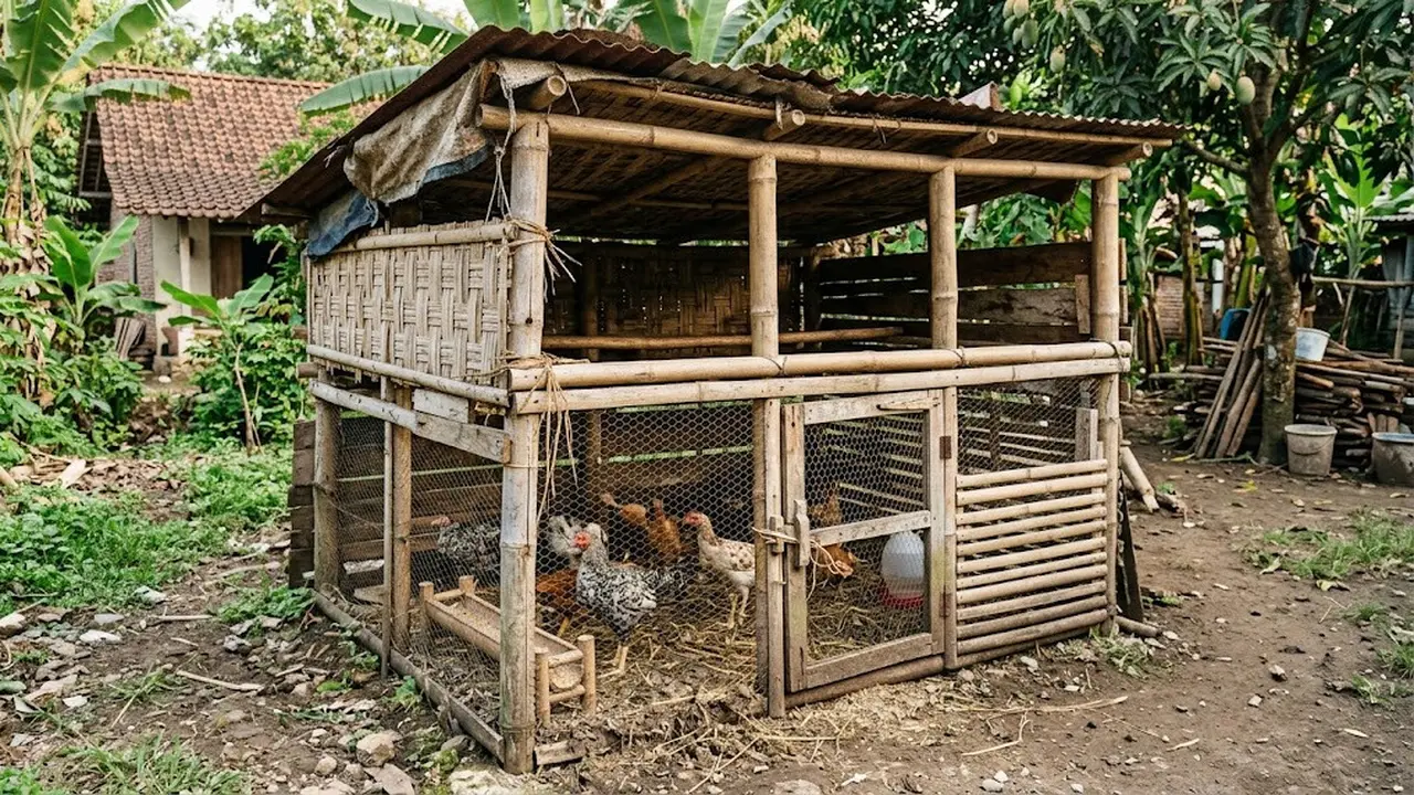 Kandang Ayam dari Bambu dan Kayu Bekas