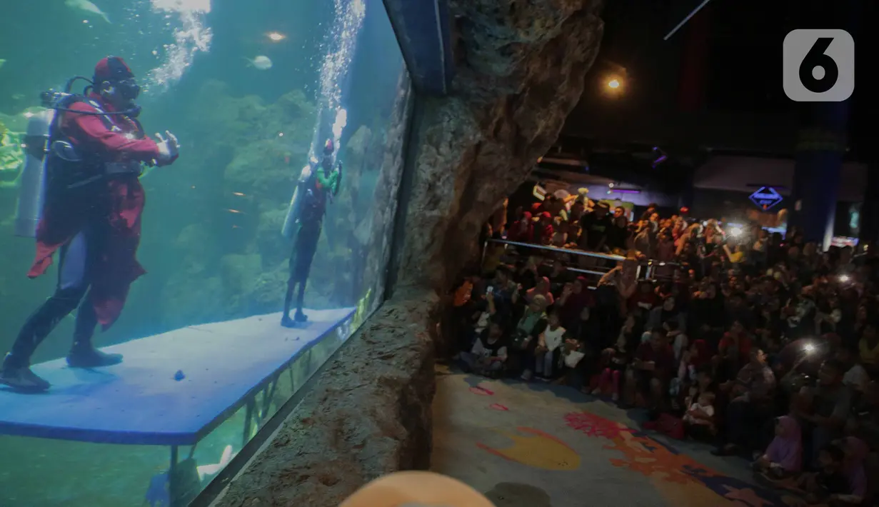 Penyelam Scuba Santa memberikan salam kepada pengunjung di Sharkquarium arena Sea World Ancol, Jakarta, Rabu  (25/12/2019). Sea World Ancol menampilkan atraksi penyelam Scuba Santa pada perayaan Natal 2019. (Liputan6.com/Faizal Fanani)