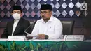 Menteri Agama Yaqut Cholil Qoumas dalam konferensi pers di Gedung Kementerian Agama Jakarta, Kamis (3/6/2021). Pemerintah terbitkan keputusan pembatalan keberangkatan jemaah haji 2021 juga didasari pertimbangan aspek keselamatan bagi Jemaah haji di tengah situasi Pandemi (Liputan6.com/Faizal Fanani)