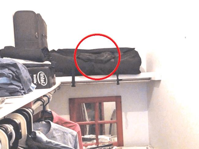 Kucing yang bersembunyi di ruang pakaian.