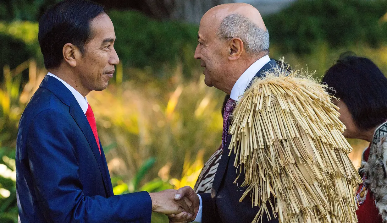 Presiden Indonesia Jokowi bersalaman dengan tetua Maori saat upacara penyambutan di Government House di Wellington, Selandia Baru (19/3). Jokowi ke Government House untuk bertemu Gubernur Jenderal Selandia Baru Sir David Gascoigne. (AFP/Marty Melville)