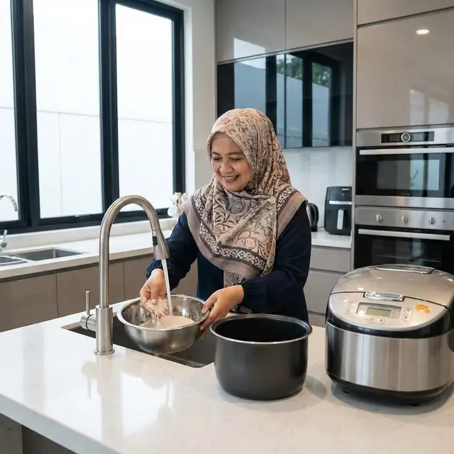 Mencuci beras sebelum dimasak di rice cooker (Gemini AI)