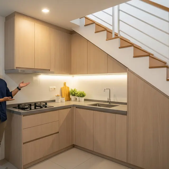 Konsep Dapur Tersembunyi di Bawah Tangga (Gemini AI)