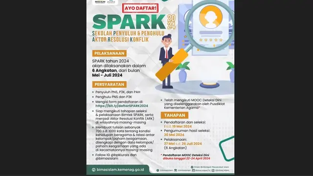 Kemenag membuka pendaftaran Sekolah Penyuluh dan Penghulu Aktor Resolusi Konflik (SPARK) 2024. (istimewa)