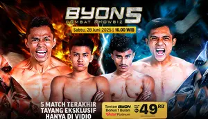 Silahkan catat jadwal siaran langsung Byon Combat Showbiz 5 di Vidio. Jangan lewatkan pertandingan olahraga spektakuler di Indonesia, Byon Combat Showbiz 5 pada akhir Juni 2025 hanya di layanan OTT Vidio. (sum. doc. vidio.com)