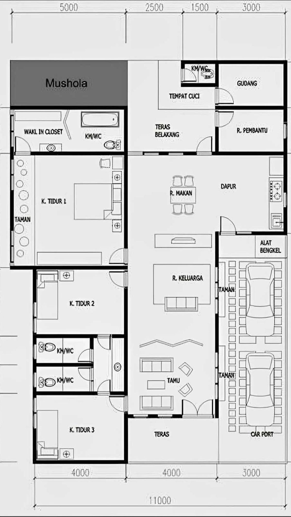 Desain Rumah 3 Kamar Tidur dan 1 Mushola Dilengkapi dengan Taman Belakang