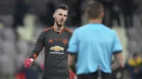 David De Gea. Ia gagal membayar kepercayaan Ole Gunnar Solskjaer yang mempercayakannya tampil dibanding Dean Henderson. Ia lebih banyak diperdaya para penendang Villareal di babak adu penalti dan puncaknya gagal mencetak gol saat jadi eksekutor. Poin 5,8 untuknya. (AP/Michael Sohn/Pool)