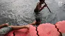 Anak-anak mencari ikan menggunakan bambu runcing di Kanal Banjir Barat (KBB) Petamburan, Jakarta, Senin (12/8/2019). Surutnya debit air KBB akibat musim kemarau dimanfaatkan anak-anak untuk bermain sambil mencari ikan. (Liputan6.com/Fery Pradolo)