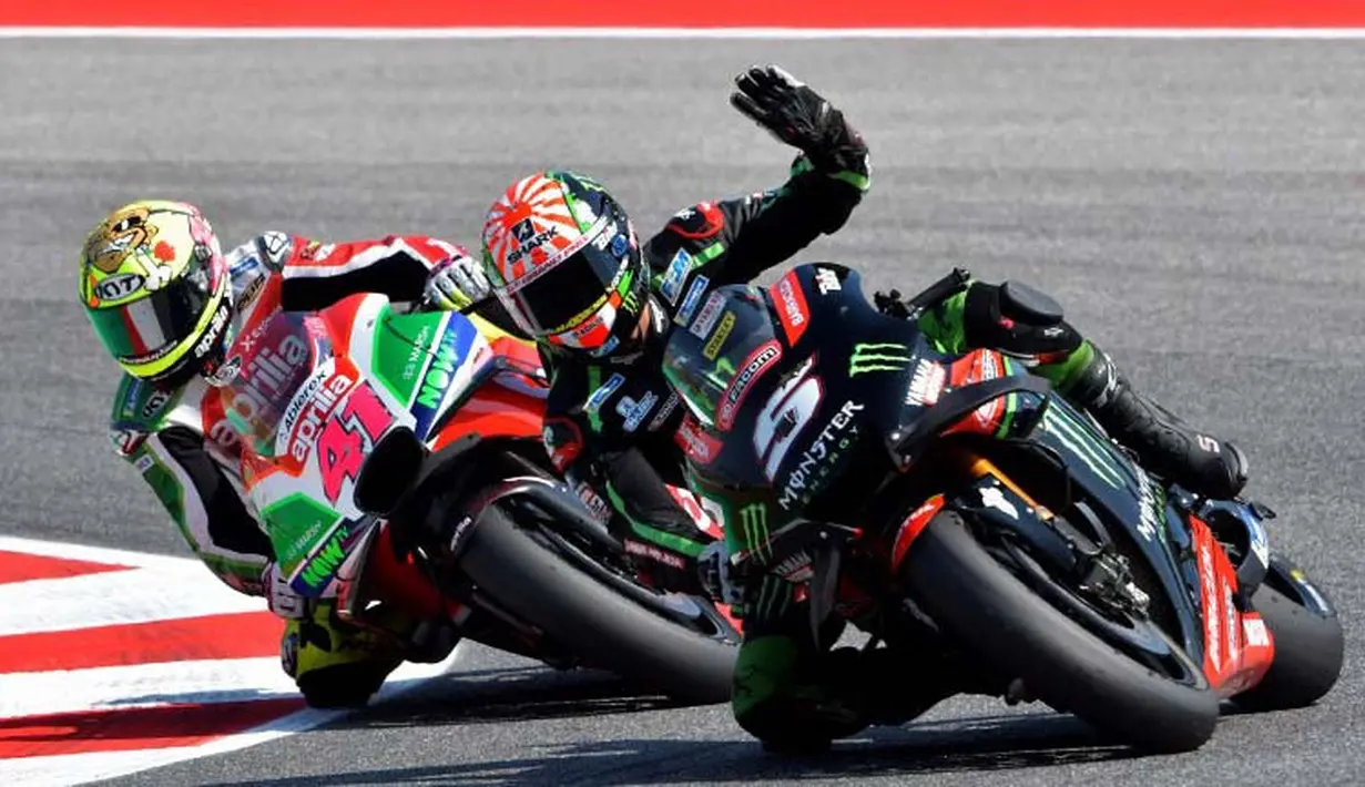 Pebalap Yamaha Tech, Johann Zarco, saat sesi kualifikasi MotoGP San Marino di Sirkuit Marco Simoncelli, Minggu (9/9/2018). Lorenzo menjadi yang tercepat dengan catatan waktu 1 menit 31,629 detik. (AFP/Tiziana Fabi)