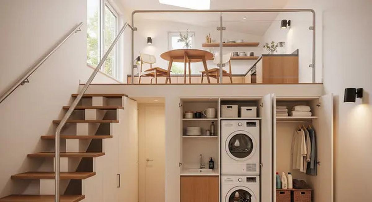 8 Inspirasi Rumah Kecil Mezzanine dengan Area Laundry Tersembunyi di Bawah Tangga