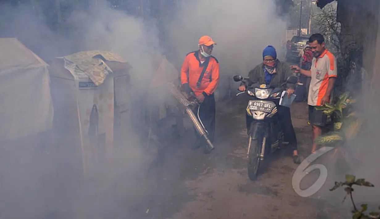 Seorang warga melintas ketika petugas melakukan pengasapan (fogging) untuk memutus siklus hidup nyamuk aedes aegypti di pemukiman warga di kawasan Kebayoran Lama, Grogol Selatan, Jakata, Kamis (18/2). (Liputan6.com/Johan Tallo)