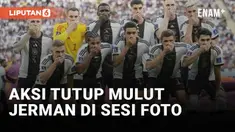 Timnas Jerman menutup mulut mereka saat sesi foto tim jelang pertandingan Piala Dunia 2022 melawan Jepang. Aksi ini sebagai bentuk protes menyusul larangan FIFA menggunakan ban kapten bertuliskan one love.
