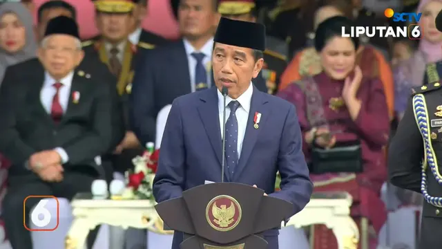 Presiden Jokowi dalam upacara peringatan Hari Ulang Tahun (HUT) ke-78 Bhayangkara Polri di Monas, Jakarta Pusat, Senin (1/7/2024).