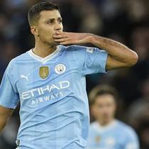 Rodri merayakan gol dalam pertandingan Manchester City melawan Sheffield di pekan ke-20 Premier League 2023/2024.