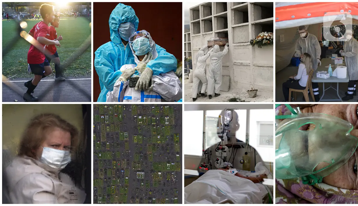 TEMBUS 1 JUTA ANGKA KEMATIAN COVID-19 DUNIA: Foto kombinasi yang dibuat pada 29 September 2020 ini menunjukkan kondisi pandemi COVID-19 dunia. (AP Photo/Kathy Willens/Anupam Nath/Silvia Izquierdo/Daniel Cole/Dmitri Lovetsky/Rebecca Blackwell/Natacha Pisarenko/Evgeniy Maloletka)