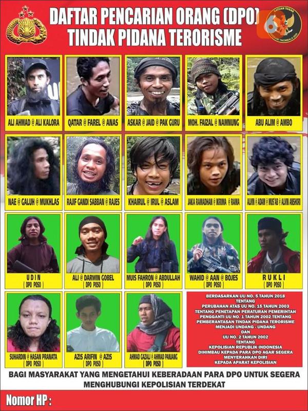 Daftar Pencarian Orang (DPO) terkait Terorisme Poso yang dikeluarkan Polda Sulteng. (Foto: Polda Sulteng).
