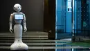 Robot Pepper berdiri di lobi hotel yang diubah menjadi lokasi karantina pasien COVID-19, Tokyo, Jepang, Jumat (1/5/2020). Pemerintah Jepang menyewa 10 ribu kamar hotel untuk menampung pasien COVID-19 dengan gejala ringan. (Philip FONG/AFP)