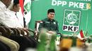 Ketua Umum Partai Kebangkitan Bangsa (PKB) Muhaimin Iskandar alias Cak Imin mengaku tidak tertarik soal suara-suara yang menggaungkan Prabowo Subianto dengan Ganjar Pranowo. (Liputan6.com/Faizal Fanani)