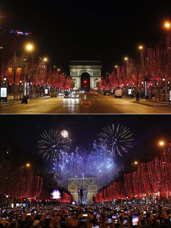 Gambar kombo yang menunjukkan pemandangan umum jalan Champs Elysees di Paris sangat awal pada Hari Tahun Baru Jumat, 1 Januari 2021, dan yang paling bawah di lokasi yang sama penuh dengan orang yang bersuka ria pada hari Selasa, 1 Januari 2020. (AP Photo/Thibault Camus, Christophe Ena)