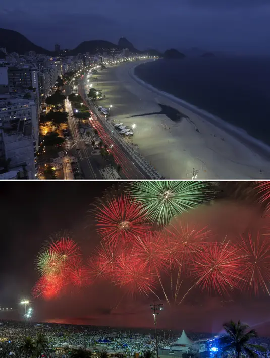 Kombo dua foto menunjukkan Pantai Copacabana yang kosong di tengah penutupan pandemi COVID-19 di Rio de Janeiro, Brasil 31 Desember 2020, teratas, kontras dengan satu tahun sebelumnya, 1 Januari 2020, ketika kerumunan orang menonton kembang api Tahun Baru di lokasi yang sama. (AP Phot/Bruna Prado)