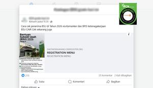 Tangkapan layar klaim link untuk mengecek status penerima BSU 2026 via Kemnaker dan BPJS Ketenagakerjaan yang beredar di Facebook. cek faktanya.