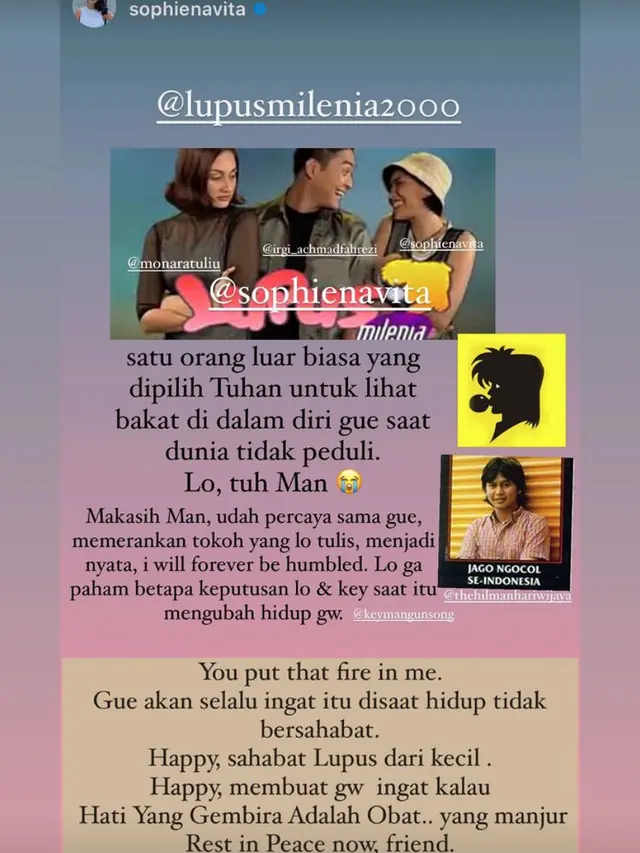 Unggahan Sophie Navita soal jasa Hilman Harrywijaya. (Foto: Dok. Instagram @sophienavita)